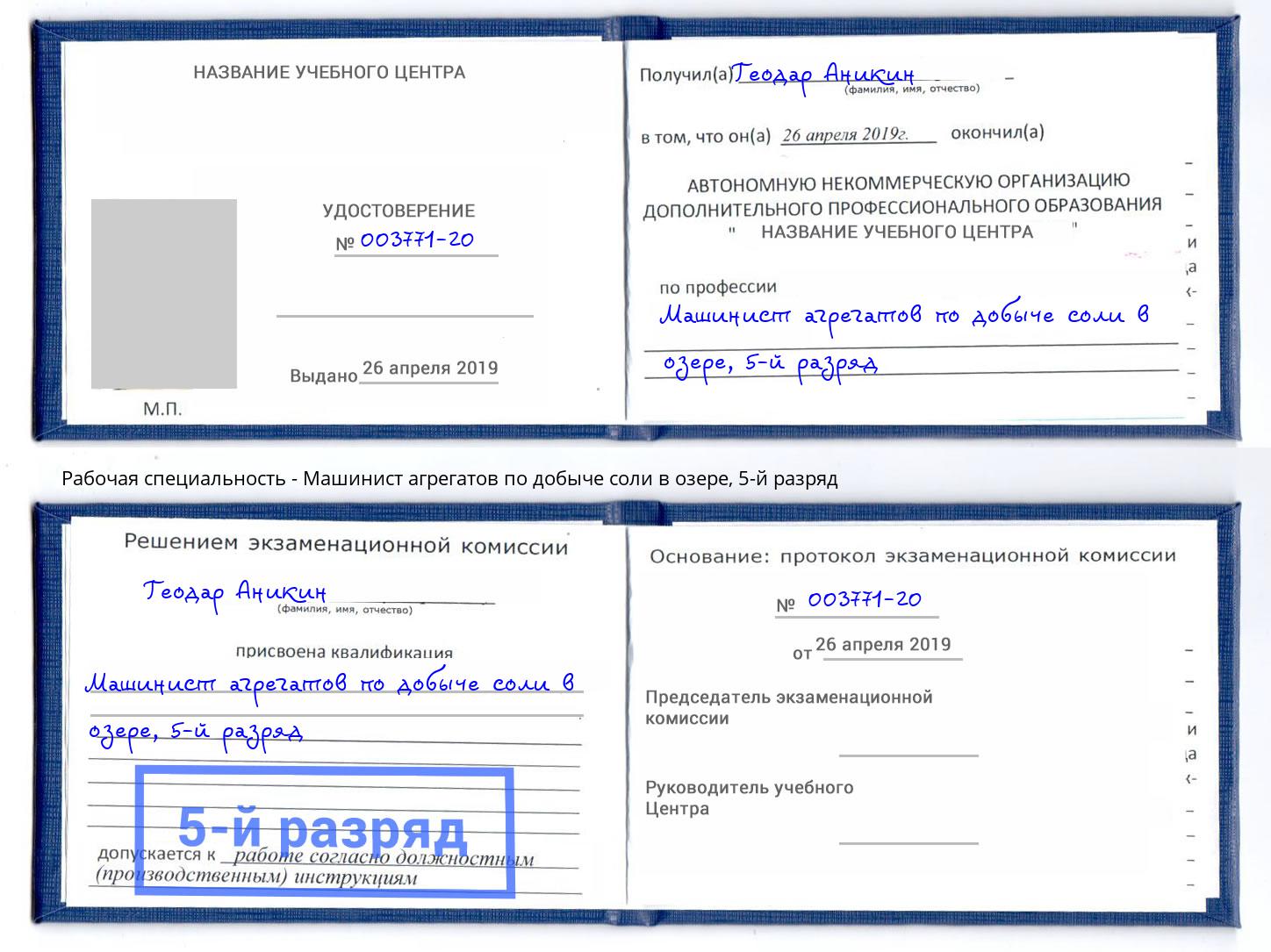 корочка 5-й разряд Машинист агрегатов по добыче соли в озере Севастополь