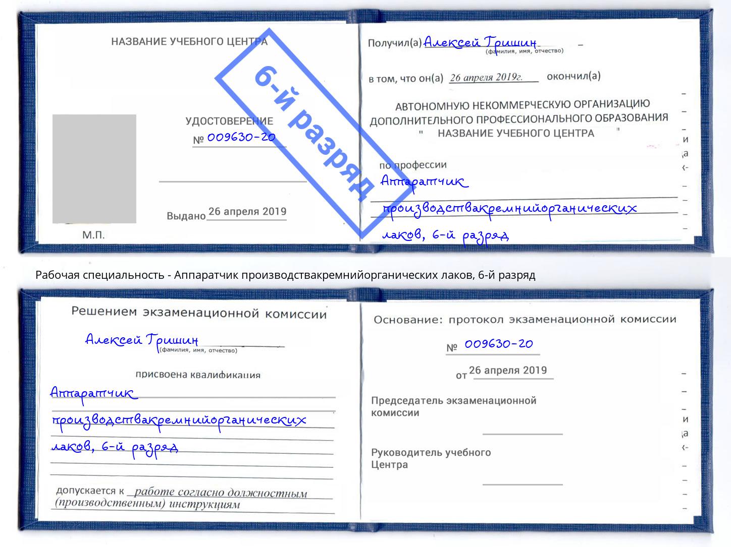 корочка 6-й разряд Аппаратчик производствакремнийорганических лаков Севастополь