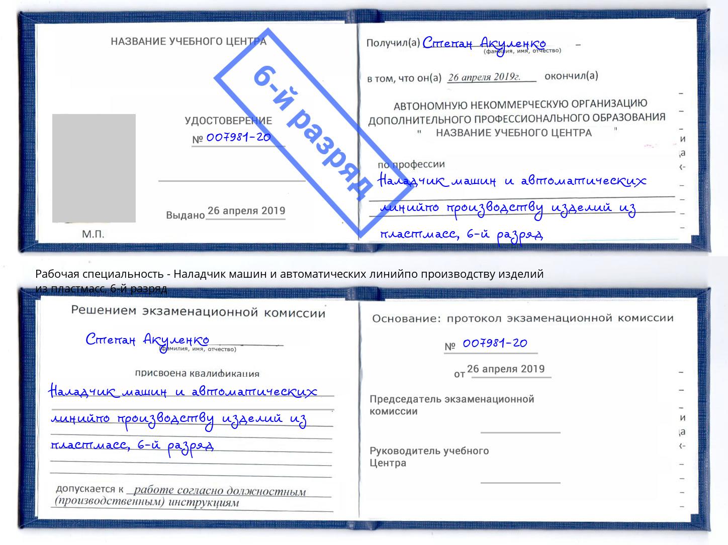 корочка 6-й разряд Наладчик машин и автоматических линийпо производству изделий из пластмасс Севастополь