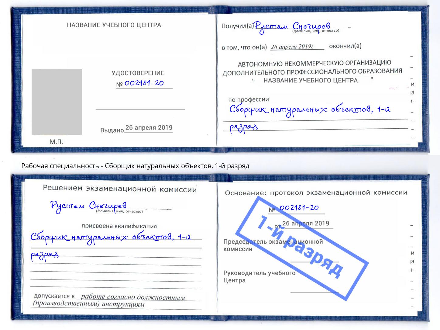 корочка 1-й разряд Сборщик натуральных объектов Севастополь
